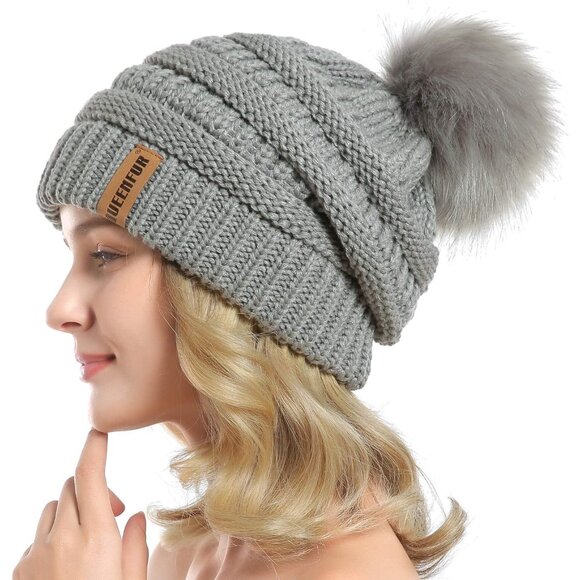 Women Soft Grey Soft Acrylic Thick Baggy Knit Winter Faux Fur Pompom Beanie - Picture 3 of 6